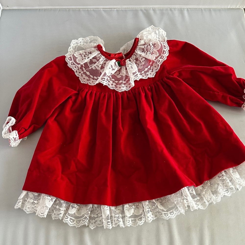 Vintage 80s 90s Jo Lene Red velvet white lace rosette ruffle Christmas dress T